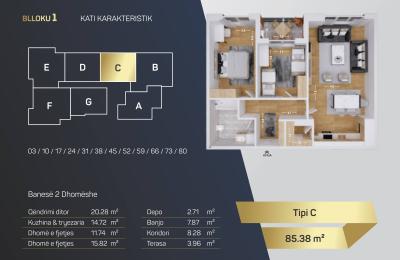 Kompleksi Royal Residence, shitet Banesa BLLOKU 1, TIP C, 85.38m2
