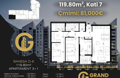 Banesë 119.80m² në SHITJE, Kati 7, Ferizaj