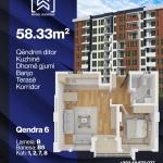 Qendra 6, Banesë në shitje B5, Lamela B,  58.33 m2, kati 1-2-7-8