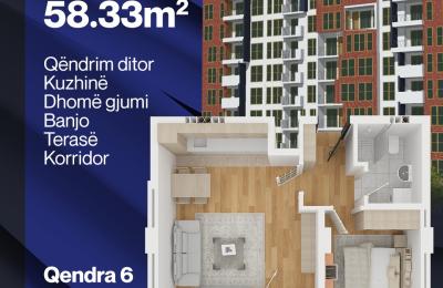 Qendra 6, Banesë në shitje B5, Lamela B,  58.33 m2, kati 1-2-7-8