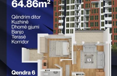 Qendra 6, Banesë në shitje B5, Lamela B1,  64.85 m2, kati 5-8